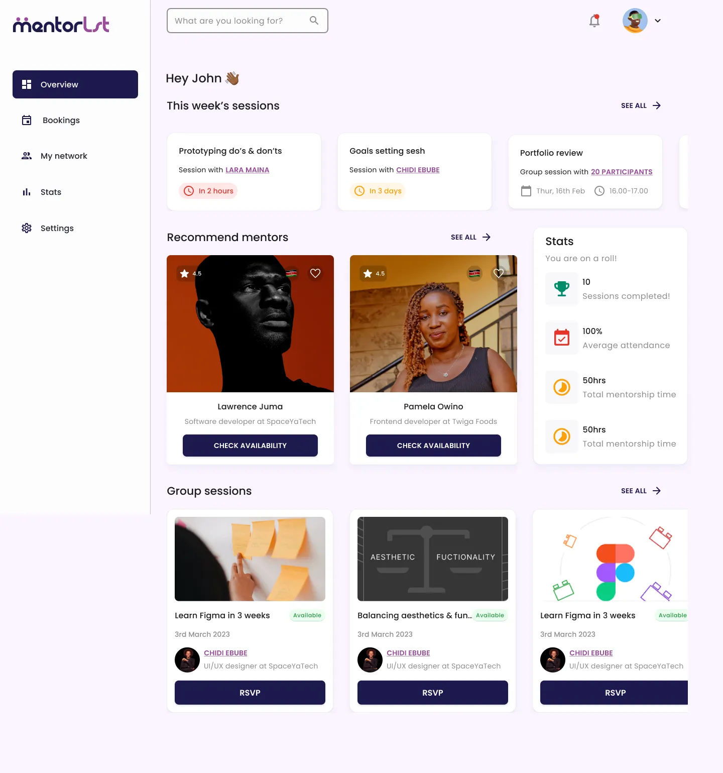 Mentorlst mentee dashboard with upcoming sessions, recommended mentors, and group sessions